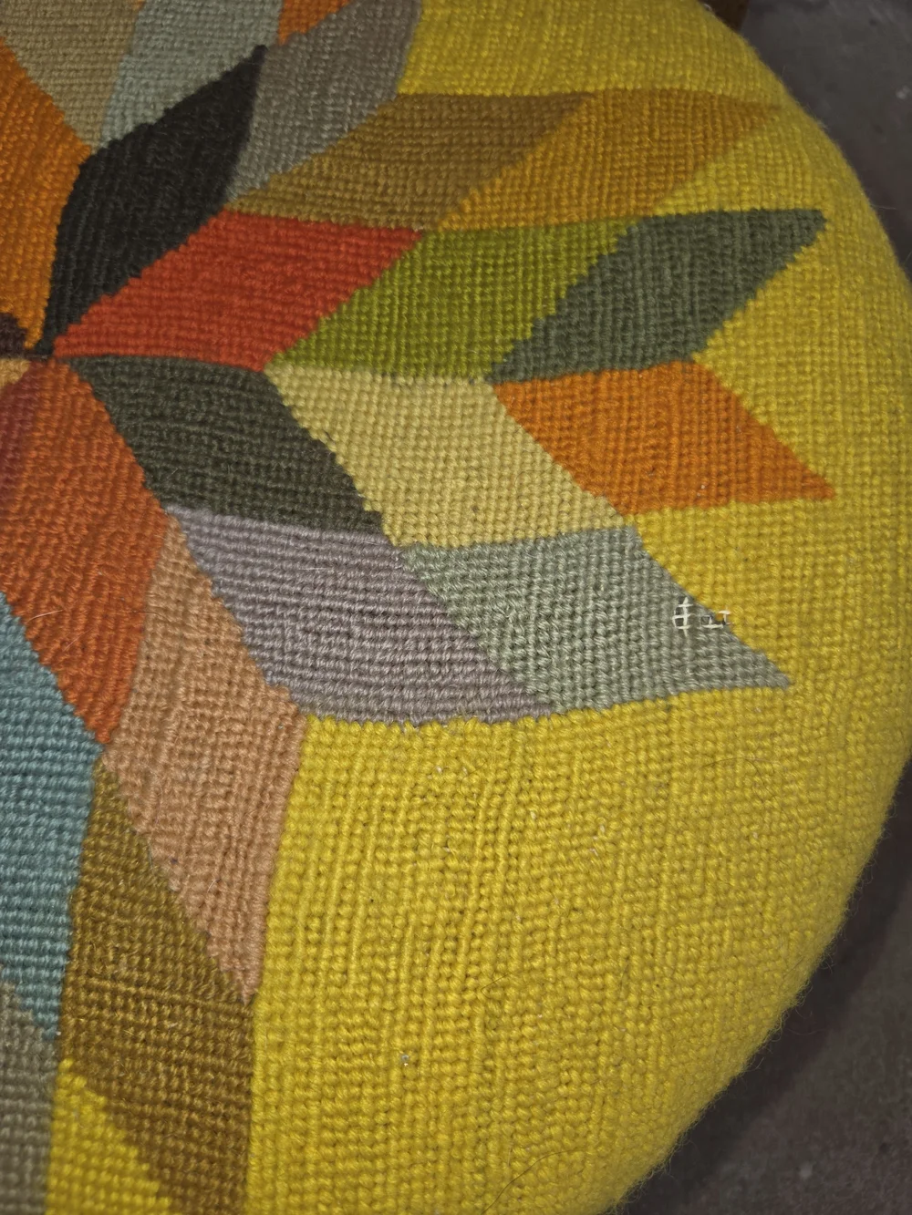 Vintage Mid Century Modern Needlepoint Footstool - Round Geometric